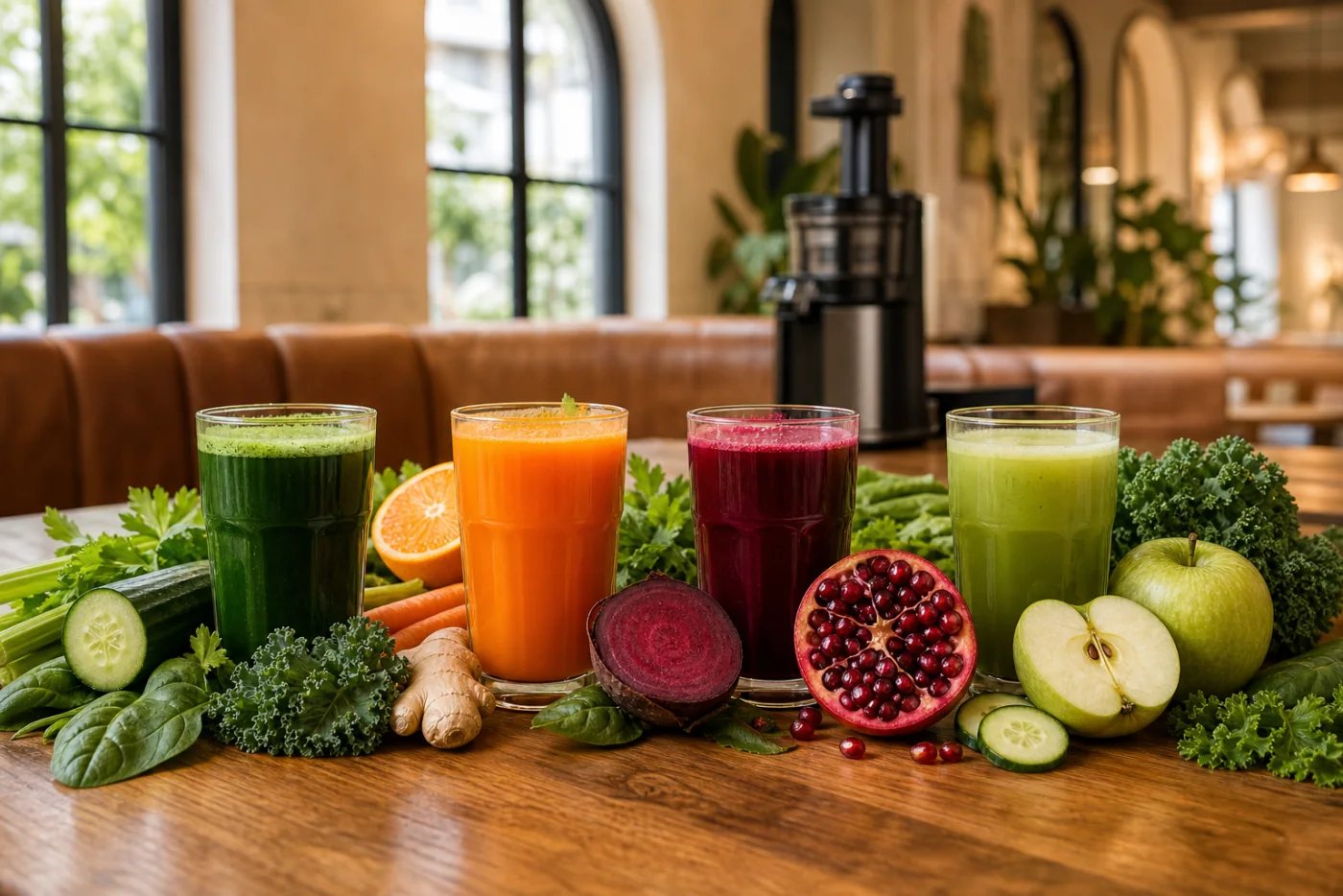 Illustrative cold-pressed juices with kale, citrus, beetroot, pomegranate, cucumber, apple and ginger