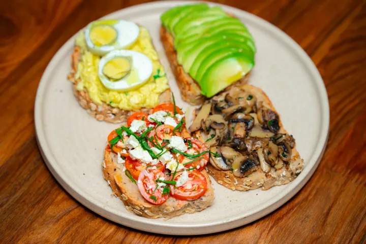 Dear Four-Way Toast — avocado, mushroom, cherry tomato and egg on sourdough at Dear Breakfast