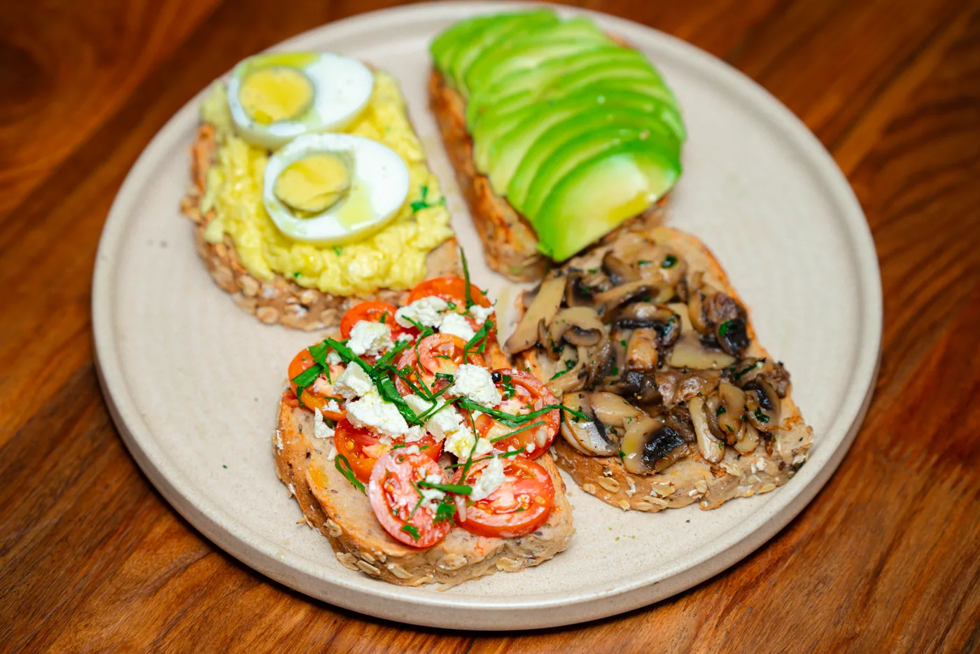 Dear Four-Way Toast — avocado, mushroom, cherry tomato and egg on sourdough at Dear Breakfast