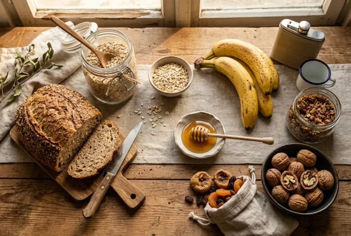 Whole-grain bread, oats, bananas, honey, granola and dried fruit on a wooden table