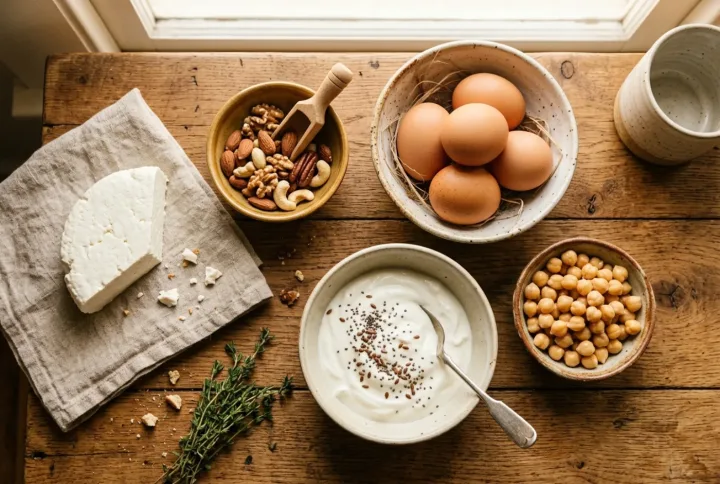 Protein-rich breakfast ingredients on a wooden table — eggs, paneer, yogurt, nuts and chickpeas